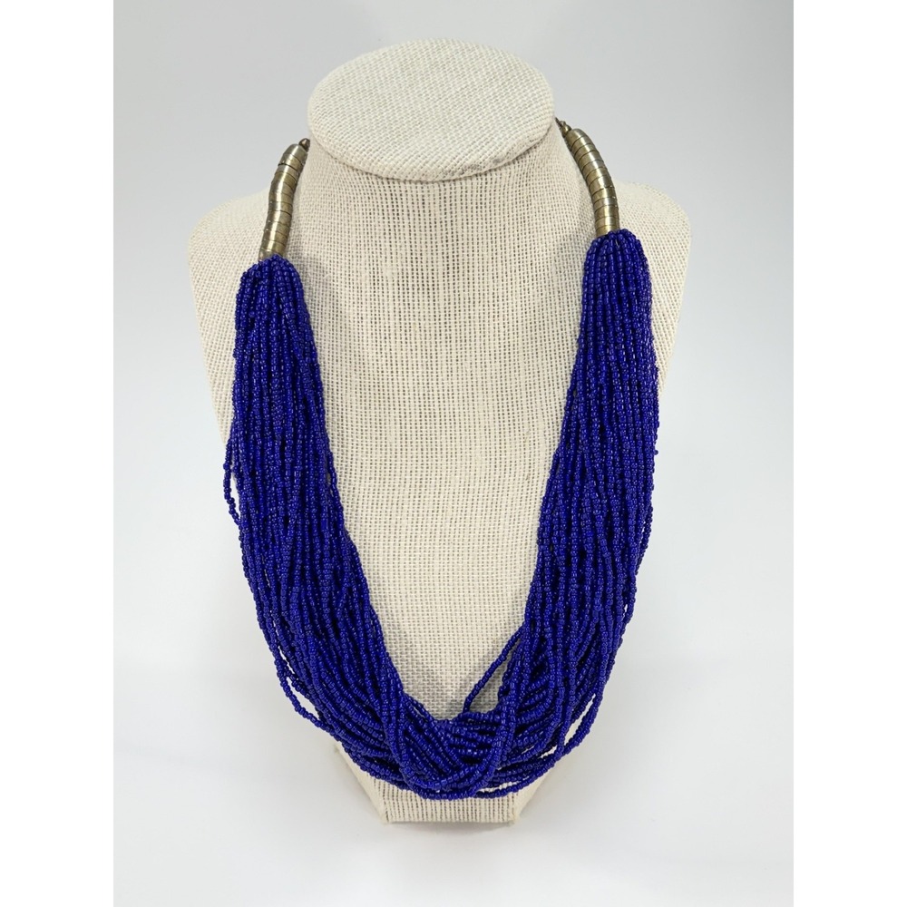 Vintage Multi Strand Glass Seed Bead Necklace African Inspired Brass Clasp 20